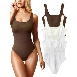 imageOQQ Womens 3 Piece Bodysuits Sexy Ribbed Sleeveless Square Neck Tank Tops Leotard 2025 Trendy OutfitsCoffee Beige White