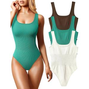 imageOQQ Womens 3 Piece Bodysuits Sexy Ribbed Sleeveless Square Neck Tank Tops Leotard 2025 Trendy OutfitsCoffee Green Beige