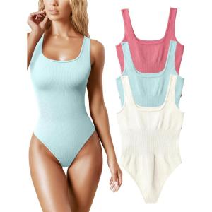 imageOQQ Womens 3 Piece Bodysuits Sexy Ribbed Sleeveless Square Neck Tank Tops Leotard 2025 Trendy OutfitsDry Rose sea Salt Blue beige