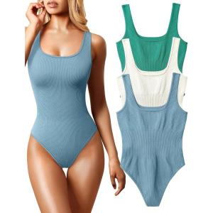 imageOQQ Womens 3 Piece Bodysuits Sexy Ribbed Sleeveless Square Neck Tank Tops Leotard 2025 Trendy OutfitsGreen Beige Haze Blue