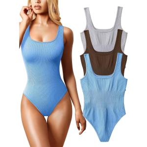 imageOQQ Womens 3 Piece Bodysuits Sexy Ribbed Sleeveless Square Neck Tank Tops Leotard 2025 Trendy OutfitsGrey Coffee Candyblue