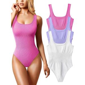 imageOQQ Womens 3 Piece Bodysuits Sexy Ribbed Sleeveless Square Neck Tank Tops Leotard 2025 Trendy OutfitsRose Purple White