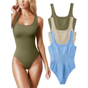 imageOQQ Womens 3 Piece Bodysuits Sexy Ribbed Sleeveless Square Neck Tank Tops Leotard 2025 Trendy OutfitsSauerkraut oatmeal candyblue