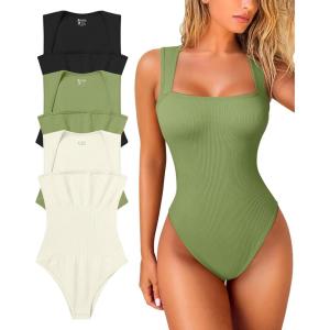 imageOQQ Womens 3 Piece Bodysuits Sexy Ribbed Strappy Square Neck Sleeveless Tummy Control Tank Tops BodysuitsBlack avocado Green beige