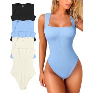imageOQQ Womens 3 Piece Bodysuits Sexy Ribbed Strappy Square Neck Sleeveless Tummy Control Tank Tops BodysuitsBlack candyblue beige