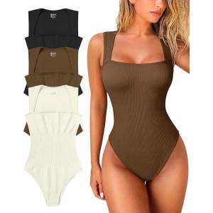 imageOQQ Womens 3 Piece Bodysuits Sexy Ribbed Strappy Square Neck Sleeveless Tummy Control Tank Tops BodysuitsBlack coffee beige
