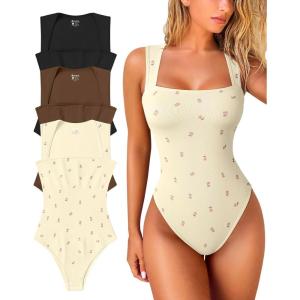imageOQQ Womens 3 Piece Bodysuits Sexy Ribbed Strappy Square Neck Sleeveless Tummy Control Tank Tops BodysuitsBlack coffee roses Beige