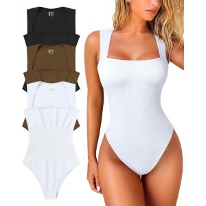 imageOQQ Womens 3 Piece Bodysuits Sexy Ribbed Strappy Square Neck Sleeveless Tummy Control Tank Tops BodysuitsBlack coffee white
