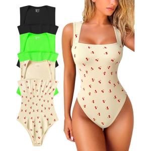 imageOQQ Womens 3 Piece Bodysuits Sexy Ribbed Strappy Square Neck Sleeveless Tummy Control Tank Tops BodysuitsBlack fluore Green cherry Beige