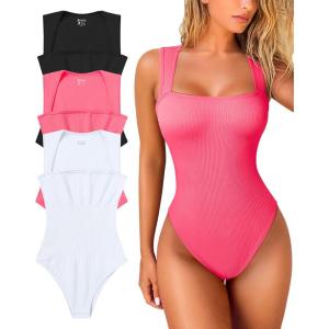 imageOQQ Womens 3 Piece Bodysuits Sexy Ribbed Strappy Square Neck Sleeveless Tummy Control Tank Tops BodysuitsBlack fluorescent Pink A white