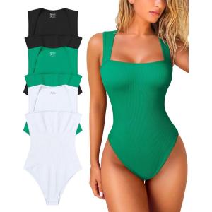 imageOQQ Womens 3 Piece Bodysuits Sexy Ribbed Strappy Square Neck Sleeveless Tummy Control Tank Tops BodysuitsBlack green white
