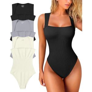 imageOQQ Womens 3 Piece Bodysuits Sexy Ribbed Strappy Square Neck Sleeveless Tummy Control Tank Tops BodysuitsBlack grey beige