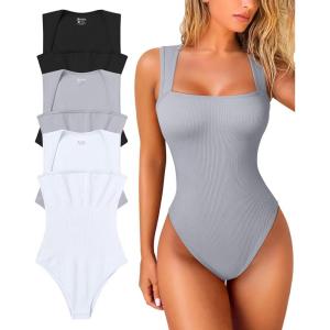 imageOQQ Womens 3 Piece Bodysuits Sexy Ribbed Strappy Square Neck Sleeveless Tummy Control Tank Tops BodysuitsBlack grey white