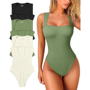 imageOQQ Womens 3 Piece Bodysuits Sexy Ribbed Strappy Square Neck Sleeveless Tummy Control Tank Tops BodysuitsBlack pea Green beige