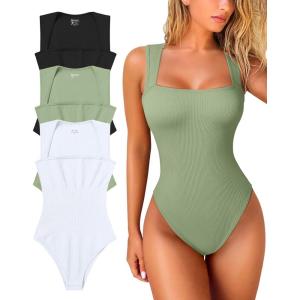 imageOQQ Womens 3 Piece Bodysuits Sexy Ribbed Strappy Square Neck Sleeveless Tummy Control Tank Tops BodysuitsBlack pea Green white