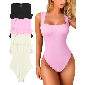 imageOQQ Womens 3 Piece Bodysuits Sexy Ribbed Strappy Square Neck Sleeveless Tummy Control Tank Tops BodysuitsBlack pink beige