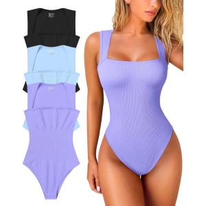 imageOQQ Womens 3 Piece Bodysuits Sexy Ribbed Strappy Square Neck Sleeveless Tummy Control Tank Tops BodysuitsBlack purple candyblue
