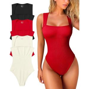 imageOQQ Womens 3 Piece Bodysuits Sexy Ribbed Strappy Square Neck Sleeveless Tummy Control Tank Tops BodysuitsBlack red beige