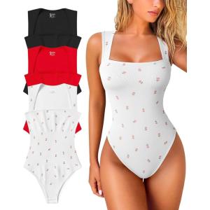 imageOQQ Womens 3 Piece Bodysuits Sexy Ribbed Strappy Square Neck Sleeveless Tummy Control Tank Tops BodysuitsBlack red roses White