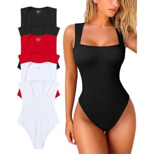 imageOQQ Womens 3 Piece Bodysuits Sexy Ribbed Strappy Square Neck Sleeveless Tummy Control Tank Tops BodysuitsBlack red white