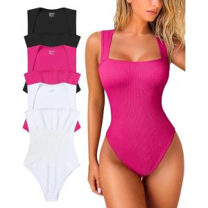 imageOQQ Womens 3 Piece Bodysuits Sexy Ribbed Strappy Square Neck Sleeveless Tummy Control Tank Tops BodysuitsBlack rose3 white