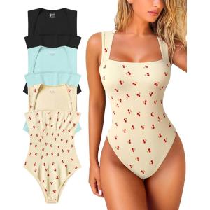 imageOQQ Womens 3 Piece Bodysuits Sexy Ribbed Strappy Square Neck Sleeveless Tummy Control Tank Tops BodysuitsBlack sea Salt Blue cherry Beige