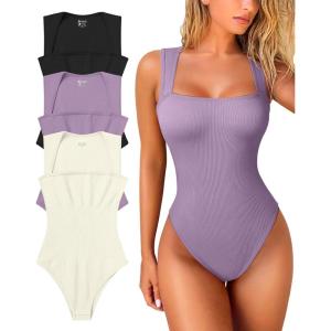 imageOQQ Womens 3 Piece Bodysuits Sexy Ribbed Strappy Square Neck Sleeveless Tummy Control Tank Tops BodysuitsBlack taro Purple beige