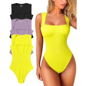 imageOQQ Womens 3 Piece Bodysuits Sexy Ribbed Strappy Square Neck Sleeveless Tummy Control Tank Tops BodysuitsBlack taro Purple yellow