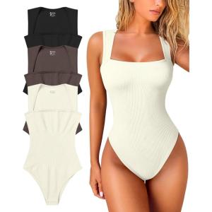 imageOQQ Womens 3 Piece Bodysuits Sexy Ribbed Strappy Square Neck Sleeveless Tummy Control Tank Tops BodysuitsBlack tea Leaf beige