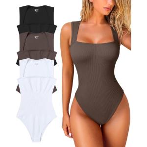 imageOQQ Womens 3 Piece Bodysuits Sexy Ribbed Strappy Square Neck Sleeveless Tummy Control Tank Tops BodysuitsBlack tea Leaf white
