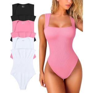 imageOQQ Womens 3 Piece Bodysuits Sexy Ribbed Strappy Square Neck Sleeveless Tummy Control Tank Tops BodysuitsBlack white candypink