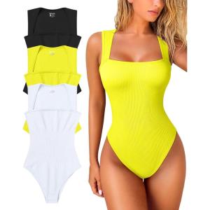 imageOQQ Womens 3 Piece Bodysuits Sexy Ribbed Strappy Square Neck Sleeveless Tummy Control Tank Tops BodysuitsBlack yellow white