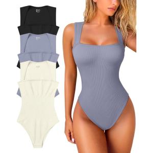 imageOQQ Womens 3 Piece Bodysuits Sexy Ribbed Strappy Square Neck Sleeveless Tummy Control Tank Tops BodysuitsBlues beige black