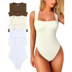 imageOQQ Womens 3 Piece Bodysuits Sexy Ribbed Strappy Square Neck Sleeveless Tummy Control Tank Tops BodysuitsCoffee beige white