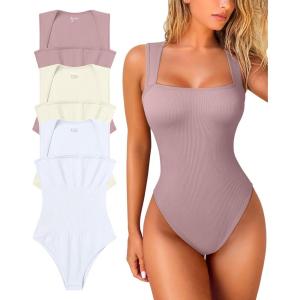 imageOQQ Womens 3 Piece Bodysuits Sexy Ribbed Strappy Square Neck Sleeveless Tummy Control Tank Tops BodysuitsHide Pink beige white