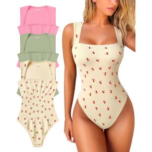 imageOQQ Womens 3 Piece Bodysuits Sexy Ribbed Strappy Square Neck Sleeveless Tummy Control Tank Tops BodysuitsPeach Red pea Green cherry Beige