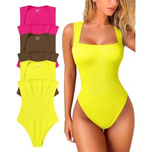 imageOQQ Womens 3 Piece Bodysuits Sexy Ribbed Strappy Square Neck Sleeveless Tummy Control Tank Tops BodysuitsPitaya coffee yellow