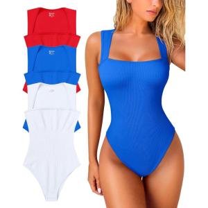 imageOQQ Womens 3 Piece Bodysuits Sexy Ribbed Strappy Square Neck Sleeveless Tummy Control Tank Tops BodysuitsRed blue white