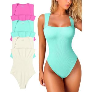 imageOQQ Womens 3 Piece Bodysuits Sexy Ribbed Strappy Square Neck Sleeveless Tummy Control Tank Tops BodysuitsRose mint Green beige