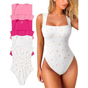 imageOQQ Womens 3 Piece Bodysuits Sexy Ribbed Strappy Square Neck Sleeveless Tummy Control Tank Tops BodysuitsRose3 candy Pink sun Flower White
