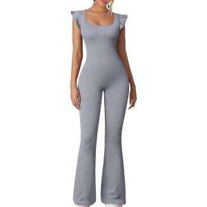 imageOQQ Womens Jumpsuits Ruffles Sleeveless Square Neck Bell Bottoms Flare Long Pants Fashion Clothes Grey