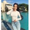imageOQQ Womens 2 Piece Bodysuits Crew Neck Long Sleeve Ruched Stretch Fitted BodysuitsBlack beige