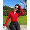 imageOQQ Womens 2 Piece Bodysuits Long Sleeve Zipper Polo Shirts Casual Stretch Fitted Bodysuits Black Red