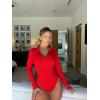 imageOQQ Womens 2 Piece Bodysuits Long Sleeve Zipper Polo Shirts Casual Stretch Fitted Bodysuits Black Red