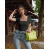 imageOQQ Womens 2 Piece Bodysuits Sexy Ribbed One Piece Square Neck Short Sleeve BodysuitsBlack Cherry Beige