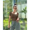 imageOQQ Womens 2 Piece Bodysuits Sexy Ribbed One Piece Square Neck Short Sleeve BodysuitsBlack Coffee