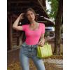 imageOQQ Womens 2 Piece Bodysuits Sexy Ribbed One Piece Square Neck Short Sleeve BodysuitsBlack Coral