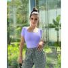 imageOQQ Womens 2 Piece Bodysuits Sexy Ribbed One Piece Square Neck Short Sleeve BodysuitsBlack Purple