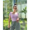 imageOQQ Womens 2 Piece Bodysuits Sexy Ribbed One Piece Square Neck Short Sleeve BodysuitsBlack Taro Purple