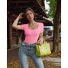 imageOQQ Womens 2 Piece Bodysuits Sexy Ribbed One Piece Square Neck Short Sleeve BodysuitsCandypink White